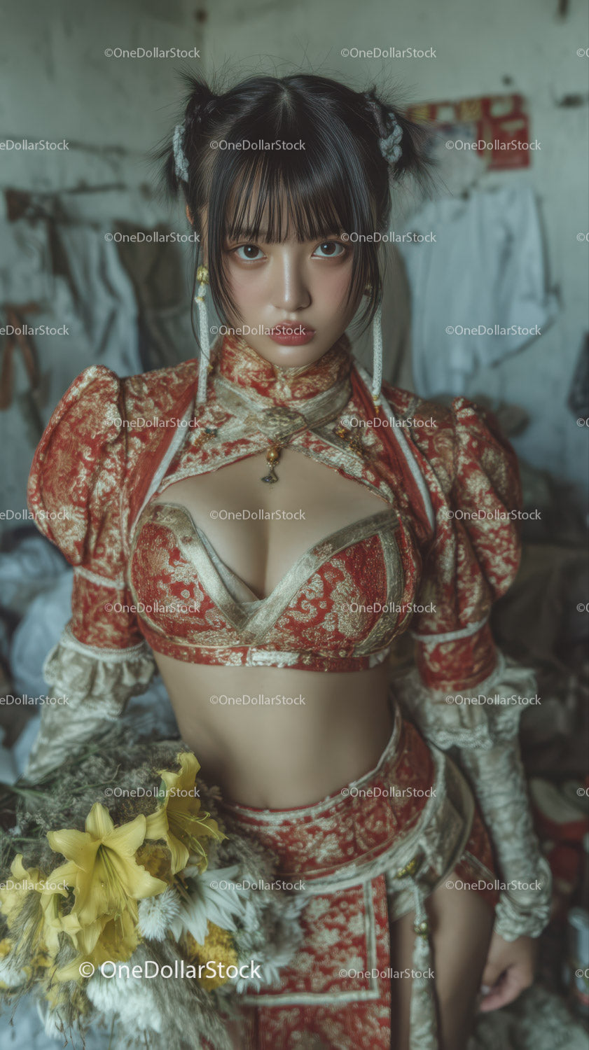 Elegant Young Woman in Traditional Red and Gold Kimono with Modern Edge