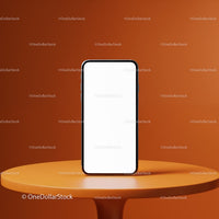 Modern smartphone with blank screen on orange pedestal
