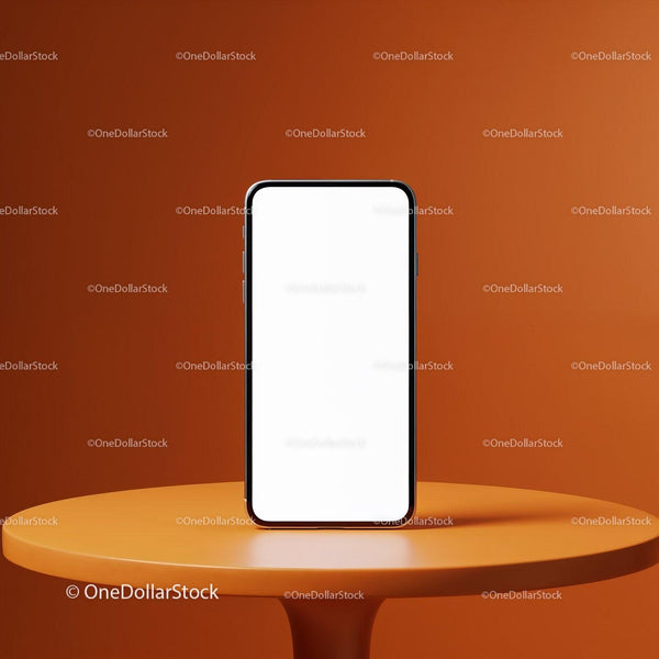 Modern smartphone with blank screen on orange pedestal JPG Mockup Image