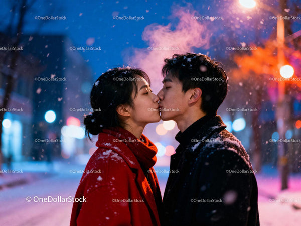 Young Couple Sharing a Tender Kiss in Snowy Evening