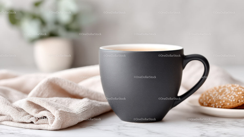 Stylish Black Coffee Cup with Cookie on Table
