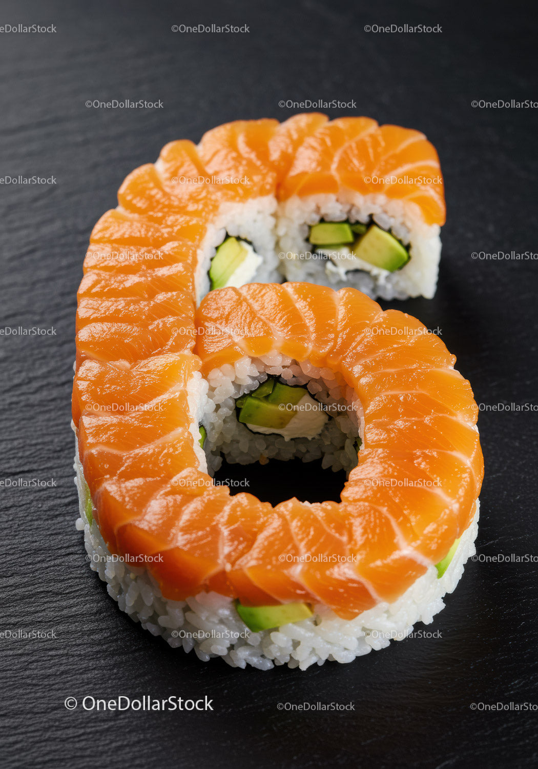 Number Six Shaped Salmon Avocado Sushi Roll
