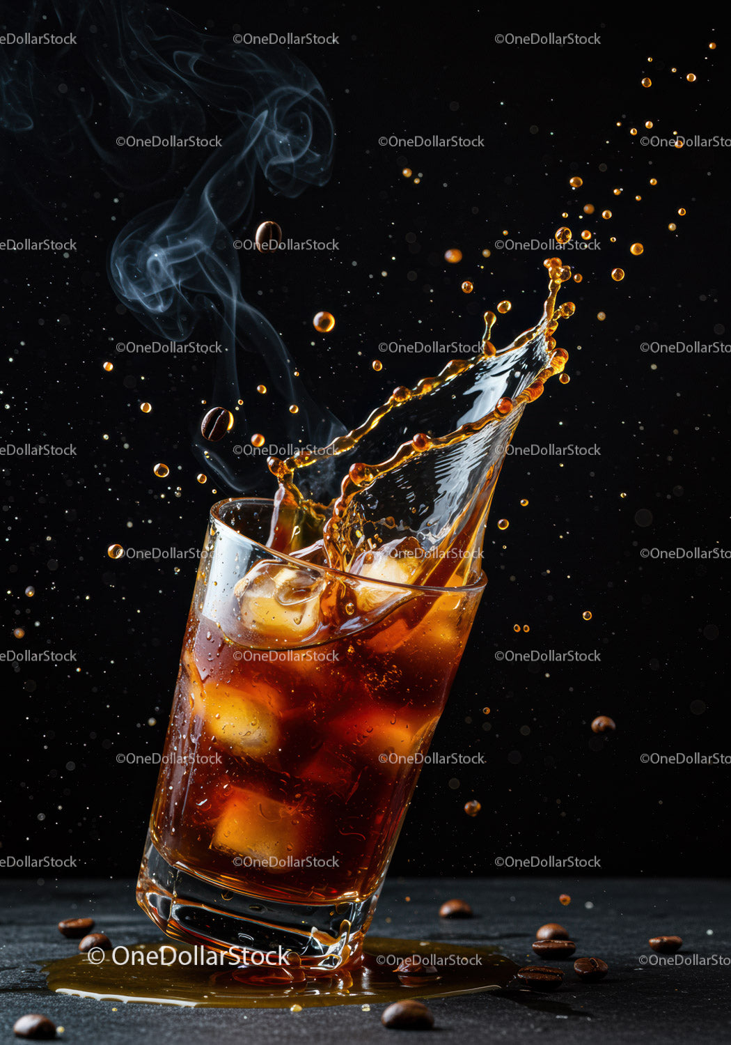 Cold coffee splash with ice cubes and coffee beans