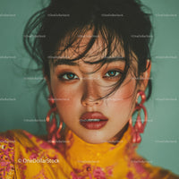 Vivid Portrait of a Woman with Blue Eyes and Colorful Fashion