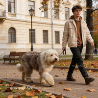 Young man walking a fluffy Old English Sheepdog in autumn