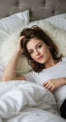 Relaxed young woman lying on a cozy bed at home