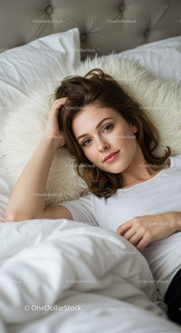 Relaxed young woman lying on a cozy bed at home