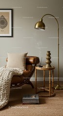 Cozy reading nook with leather chair and warm textiles