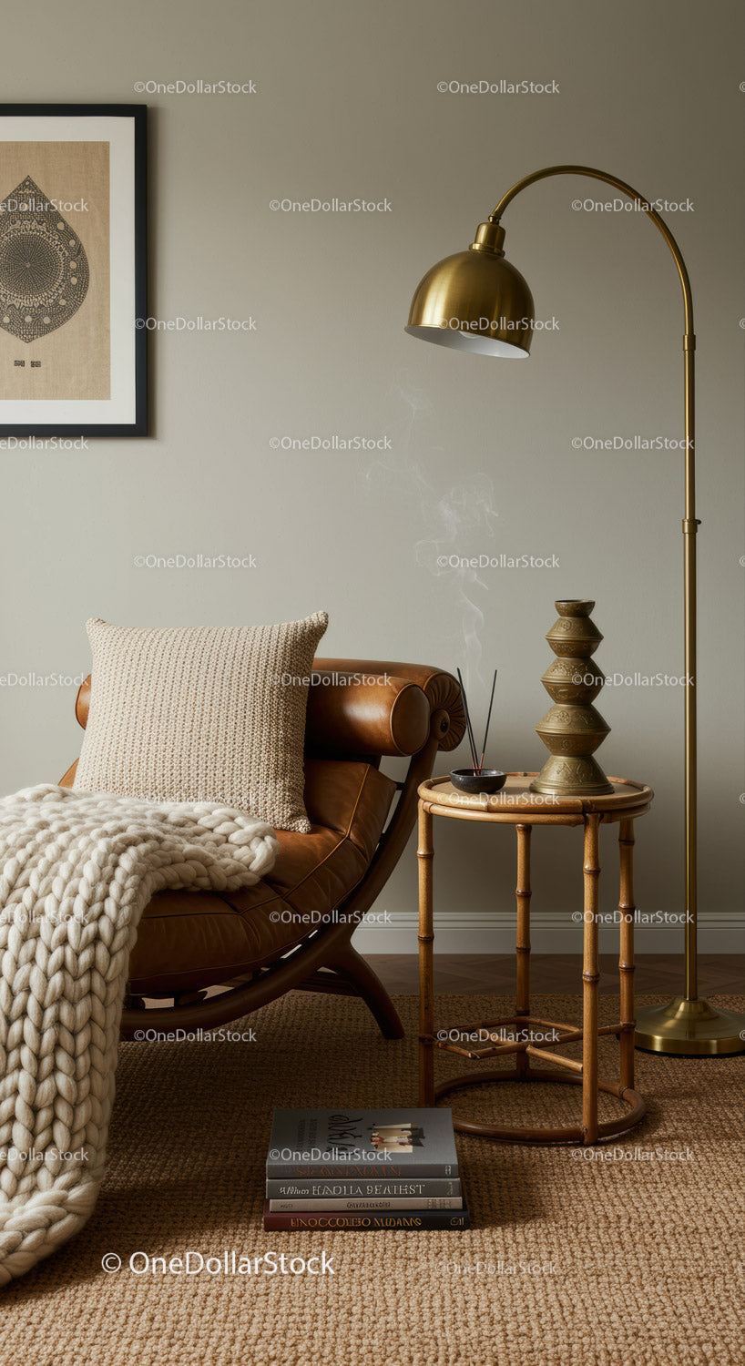 Cozy reading nook with leather chair and warm textiles