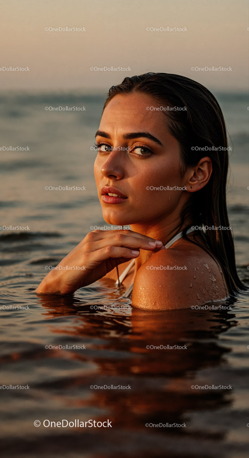 Woman Relaxing in the Ocean at Sunset with Warm Lighting