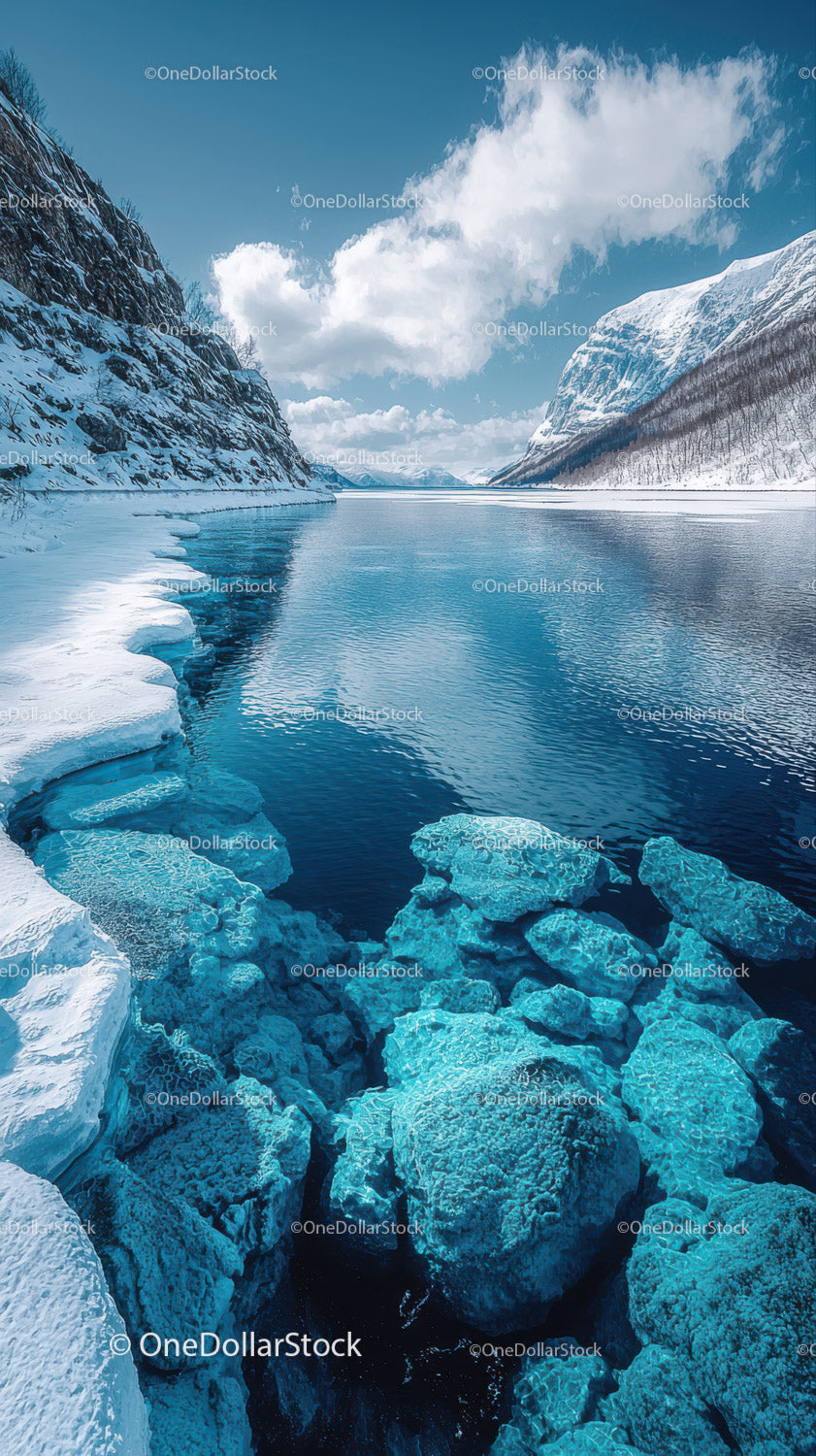 Majestic Snow-Capped Mountains Over Serene Icy River Landscape
