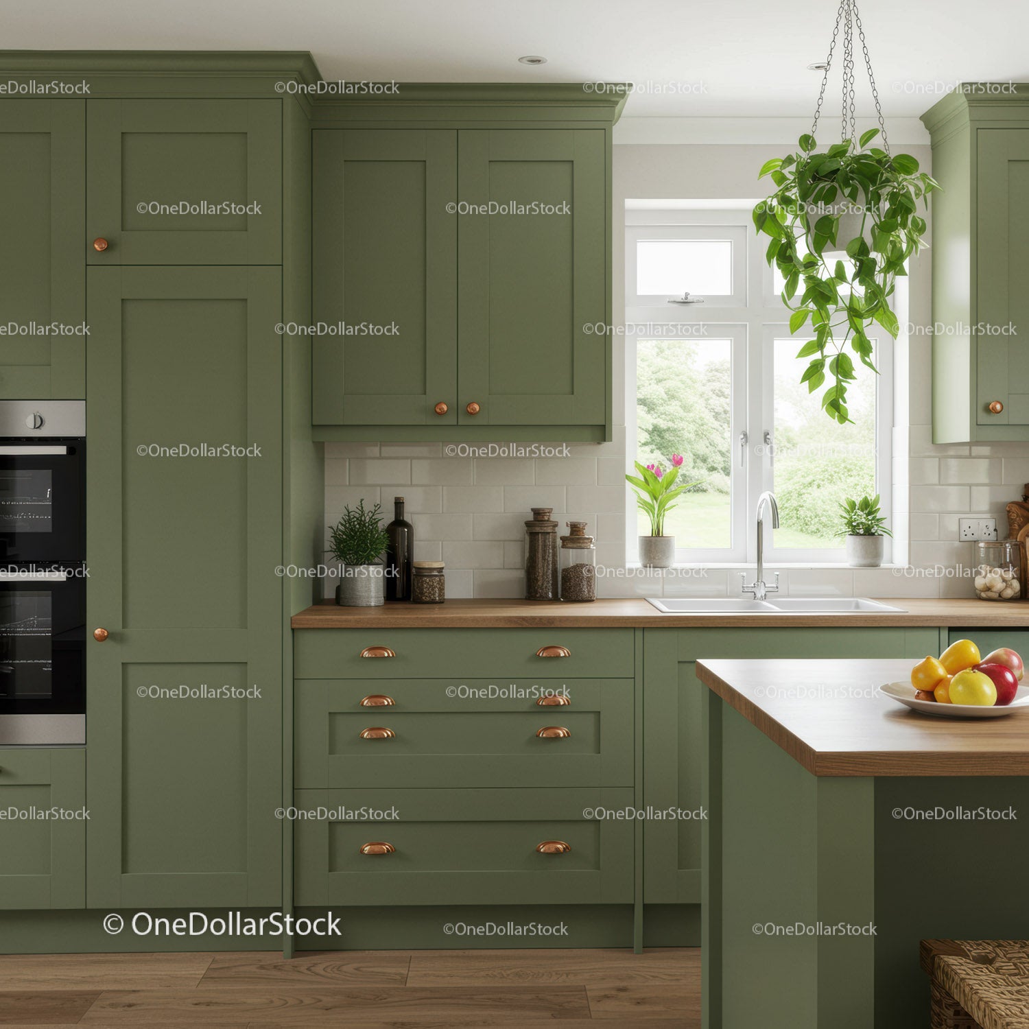 Modern Green Kitchen Cabinets with Wooden Countertop and Bright Atmosphere