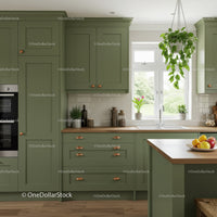 Modern Green Kitchen Cabinets with Wooden Countertop and Bright Atmosphere