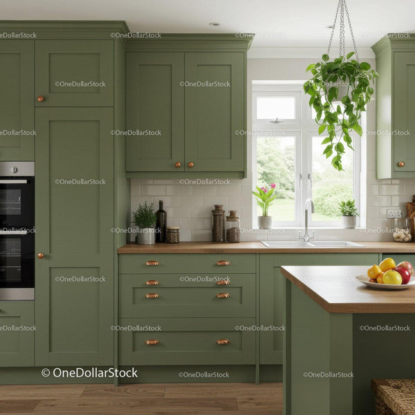 Modern Green Kitchen Cabinets with Wooden Countertop and Bright Atmosphere