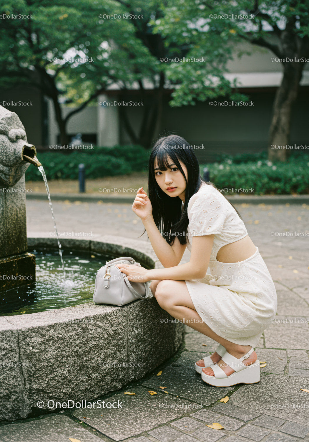 Young Woman in White Embroidered Dress Sitting by Water Fountain in Park