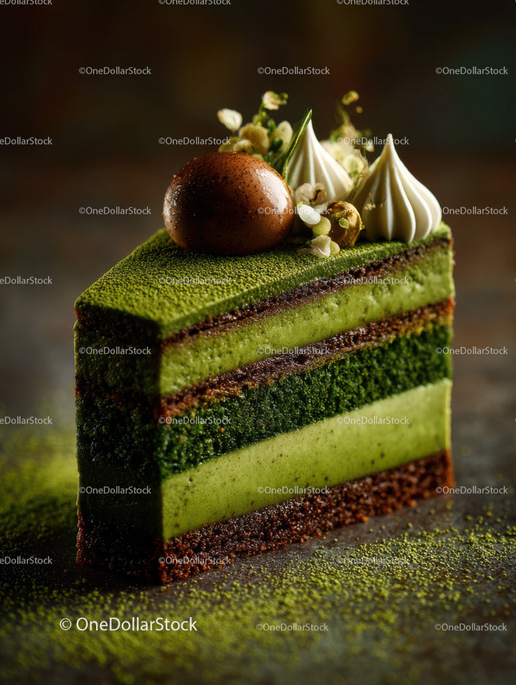 Green Matcha Cake with Chocolate Base and Artistic Garnish