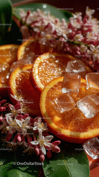Fresh Juicy Orange Slices with Ice Cubes and Floral Accents
