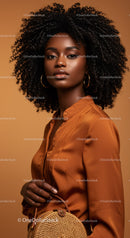 Elegant Black Woman with Curly Hair in Satin Blouse and Gold Jewelry