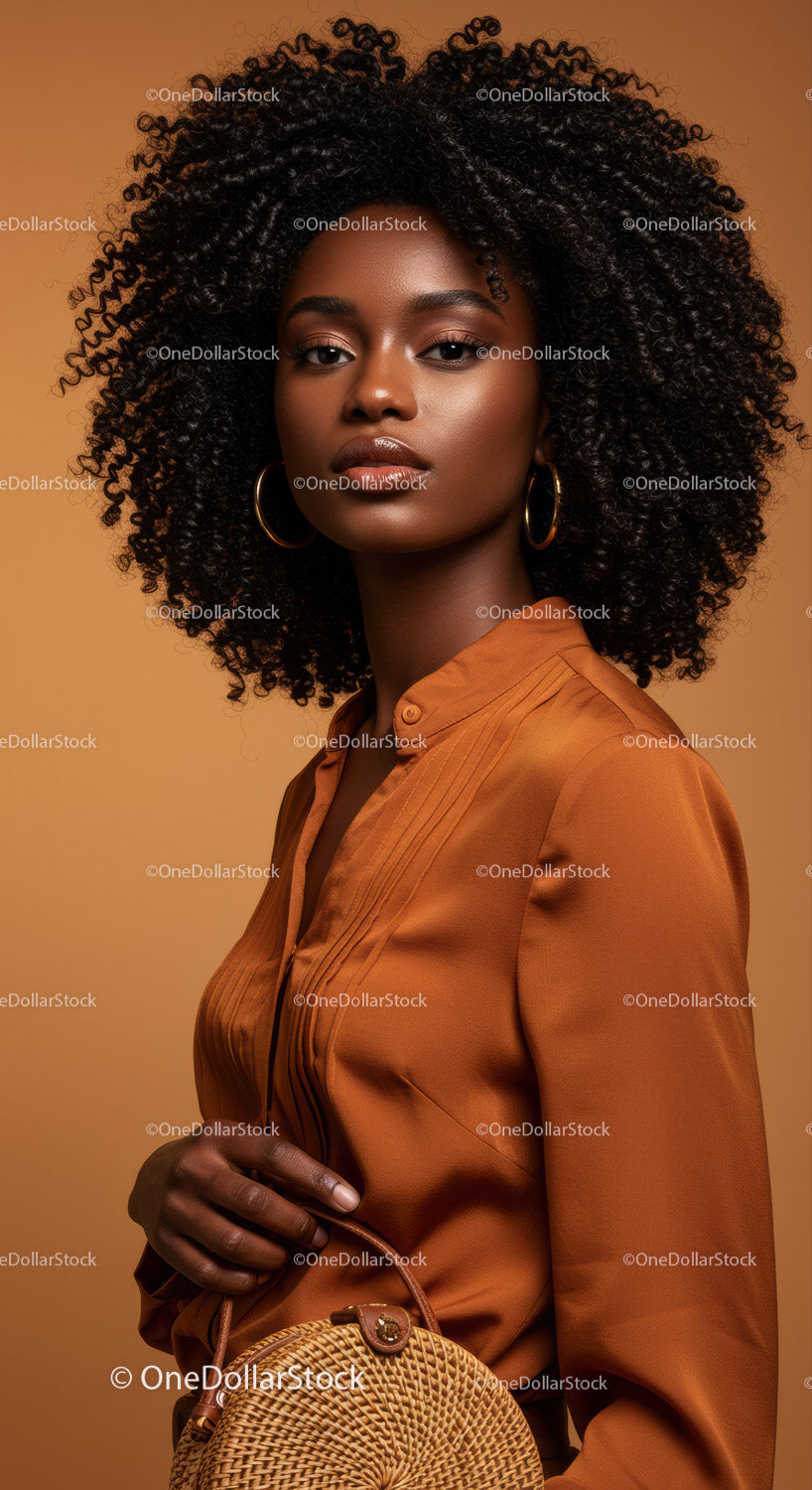 Elegant Black Woman with Curly Hair in Satin Blouse and Gold Jewelry