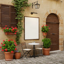 Cozy outdoor café corner with flowering plants and rustic charm