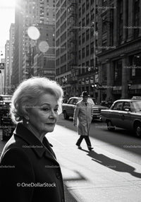 Elegant Elderly Woman on City Street in Black and White