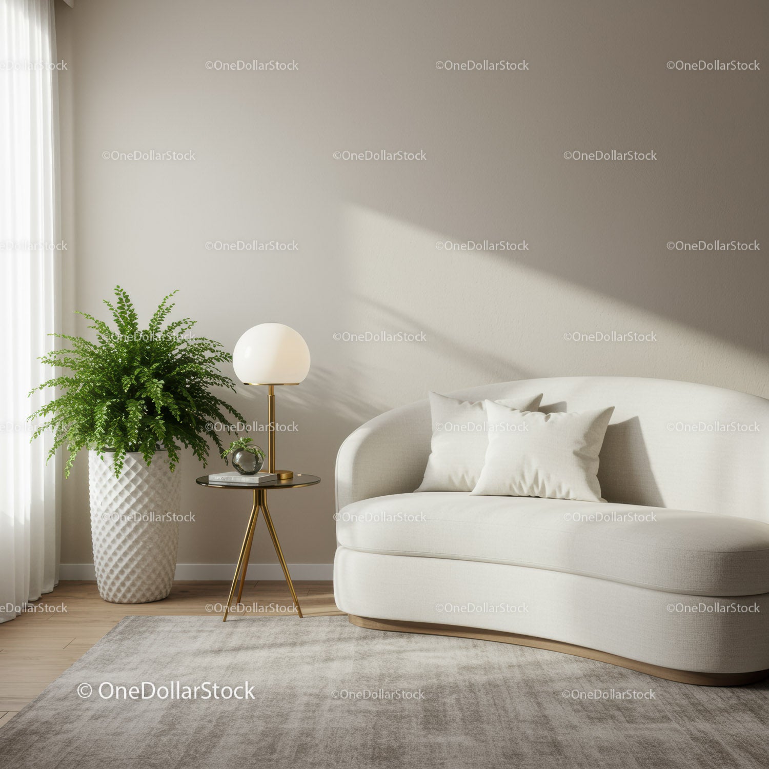 Minimalistyczny salon z nowoczesną, wygiętą sofą