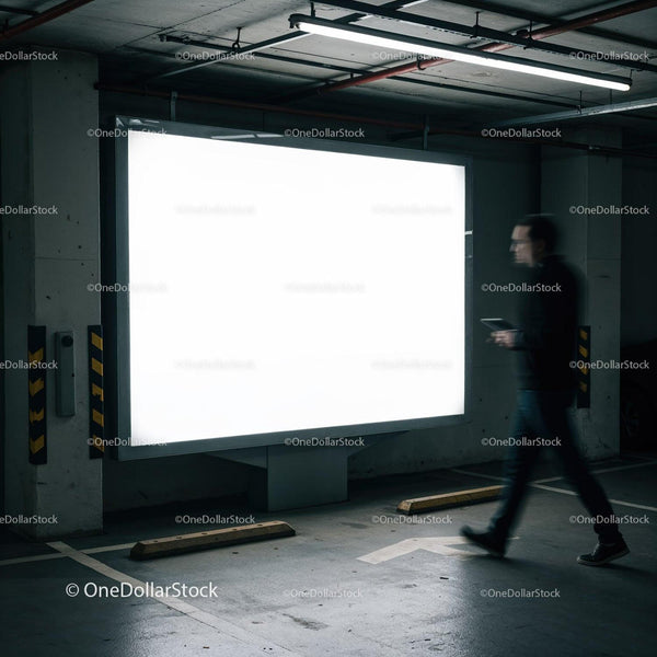 Blurred man walking near bright billboard in parking garage JPG Mockup Image