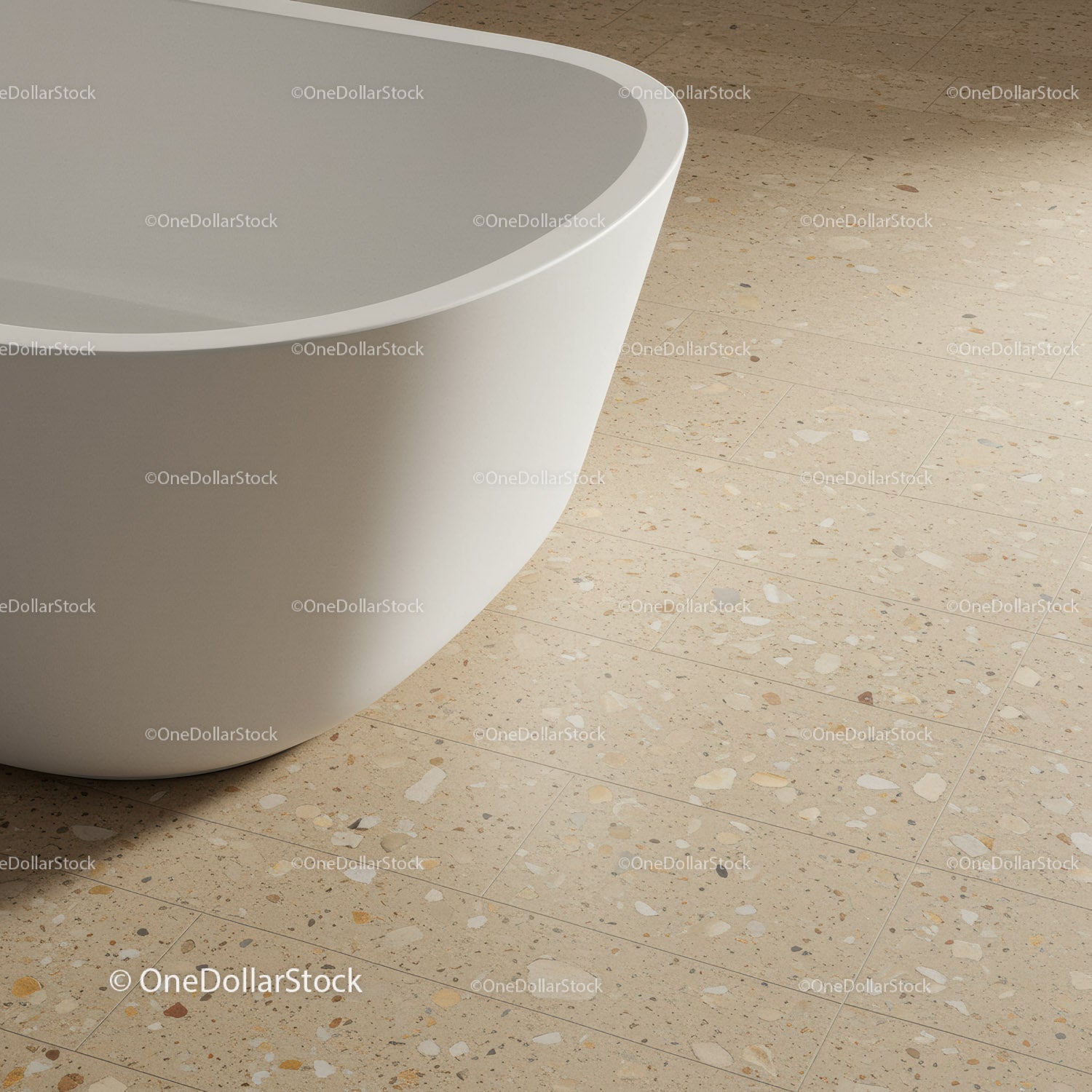 Elegant White Bathtub with Curved Design on Terrazzo Floor for Modern Bathroom