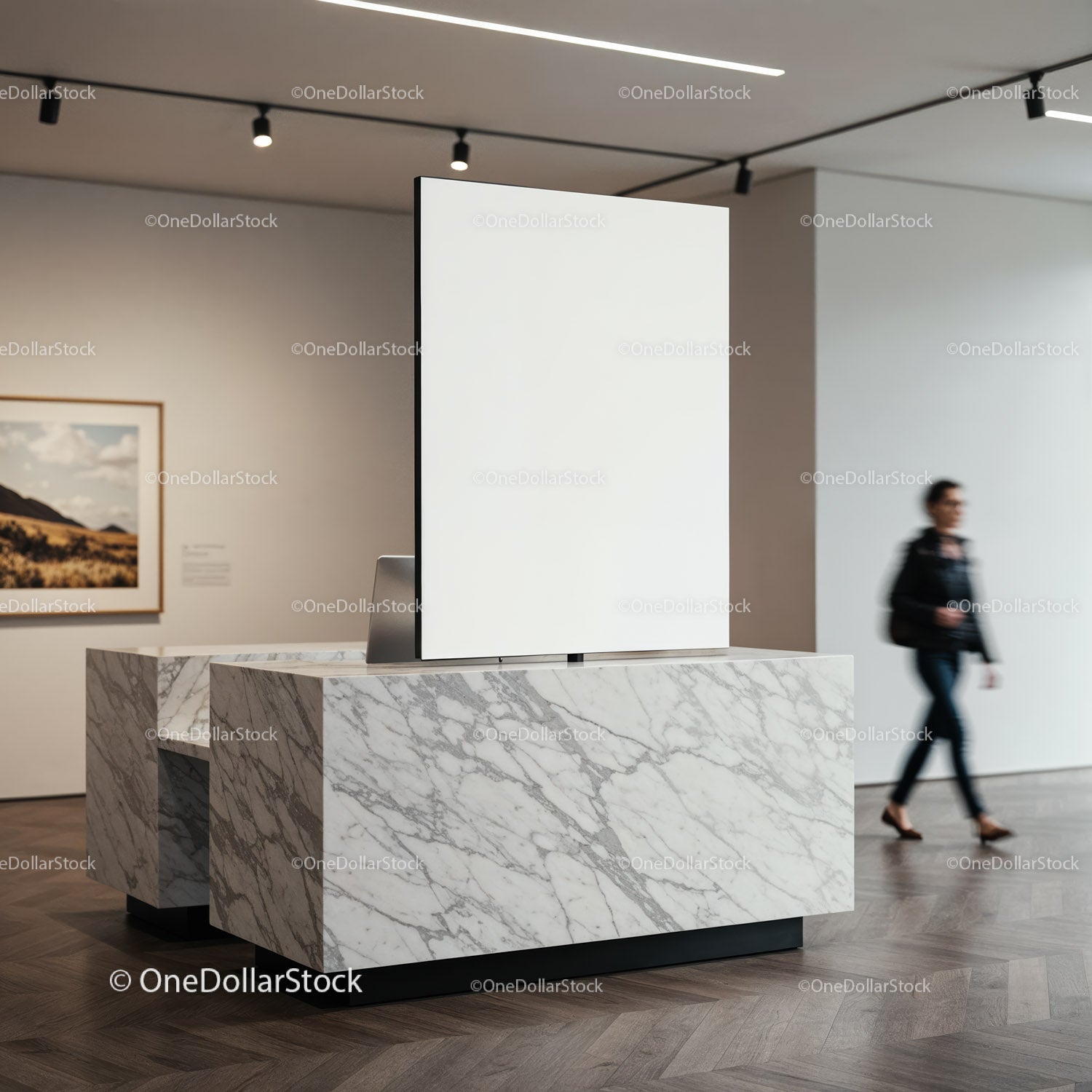 Modern marble pedestal with blank canvas in gallery