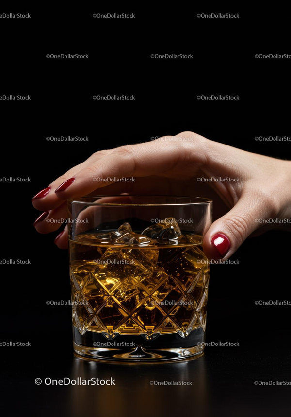 Hand holding whiskey glass with ice on black background
