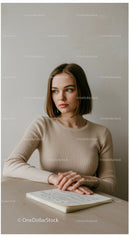 Portrait of a Young Woman in Beige Ribbed Sweater Reading a Book