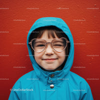 Smiling girl in blue raincoat with heart sunglasses