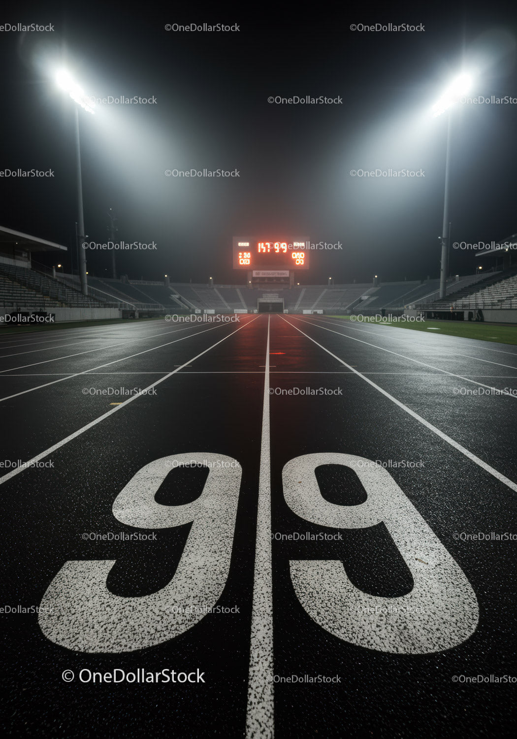 Empty illuminated running track at night with scoreboard