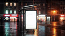 Nighttime Cityscape with Bus Stop Shelter and Bright Advertisement