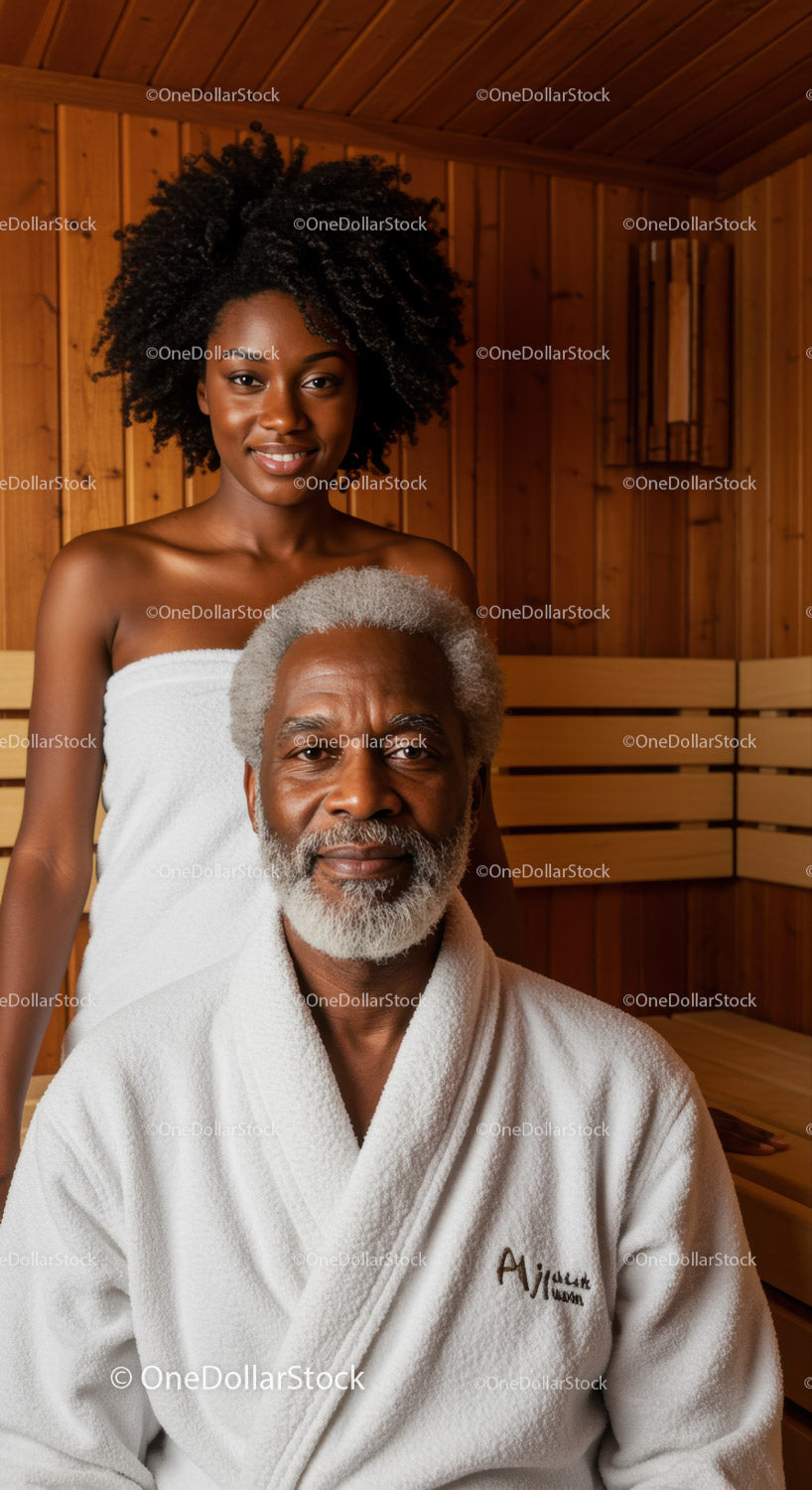 Elderly African American Man Relaxing in Sauna with Young Woman in Wellness Center