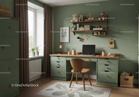 Cozy Green Home Office with Wooden Desk and Organizing Shelves