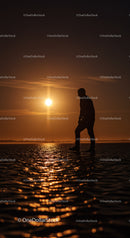 Silhouette of person walking on water at sunset