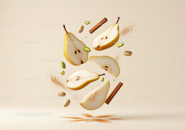 Floating slices of ripe pear with cinnamon and pistachios