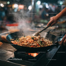 Stir-Fried Noodles with Vegetables in a Professional Street Food Setting