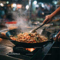 Stir-Fried Noodles with Vegetables in a Professional Street Food Setting