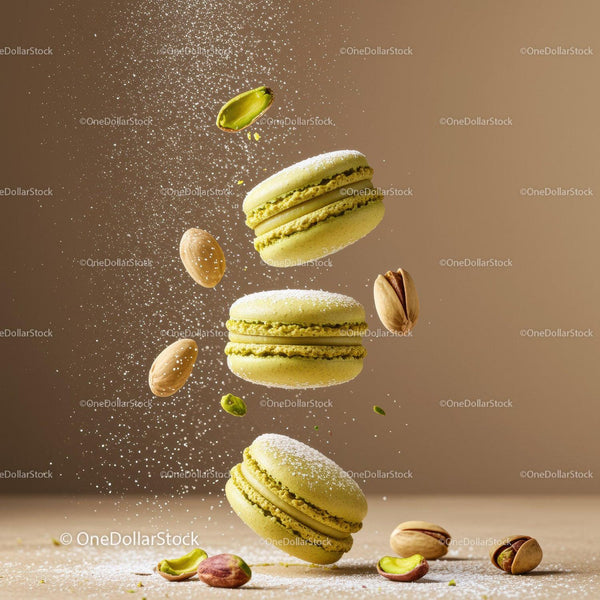 Green Pistachio Macarons with Powdered Sugar Sprinkles