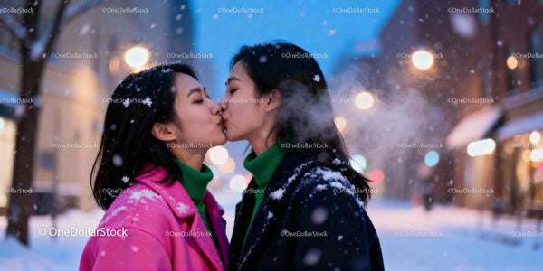 Winter Kiss Between Two Women in Snowy City Street