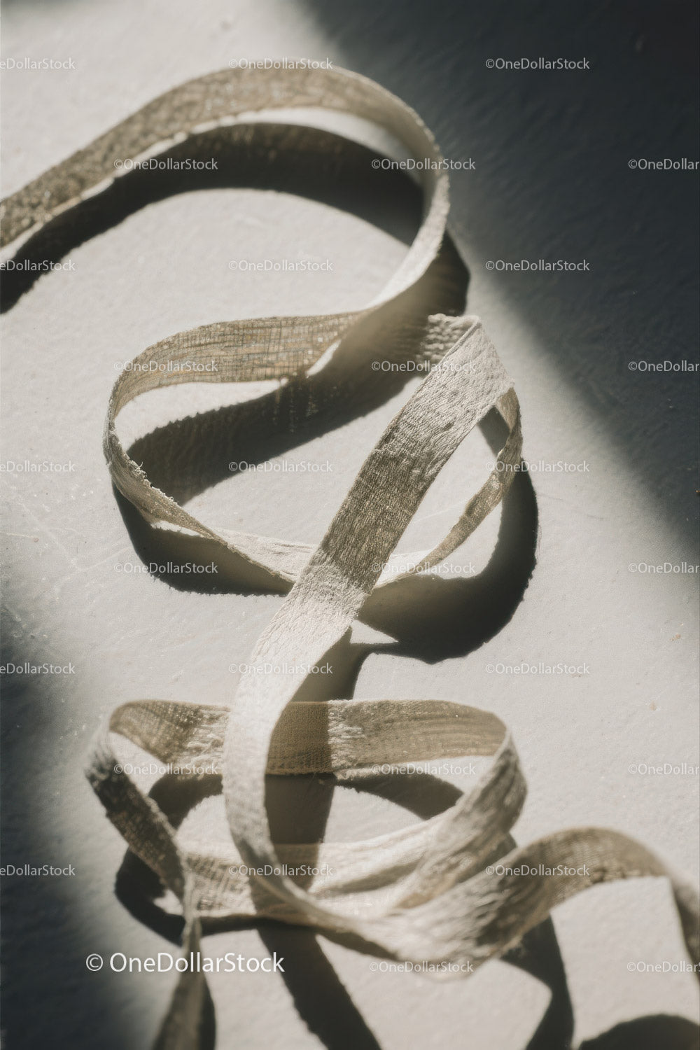 Close-up of White Plastic Ribbon Waste on Sandy Beach