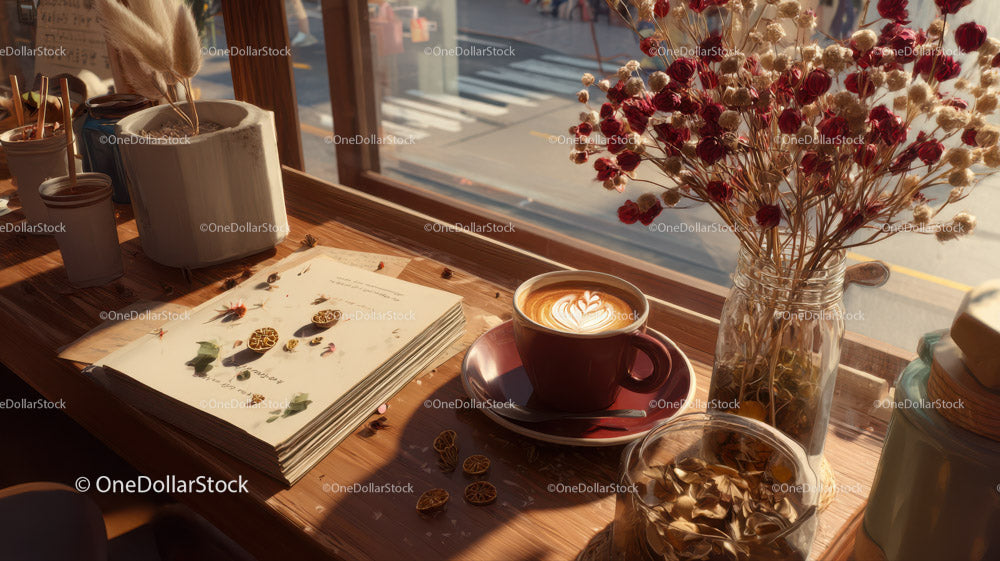 Przytulna scena kawowa z latte art i suszonymi kwiatami