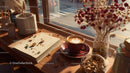 Cozy Coffee Scene with Latte Art and Dried Flowers