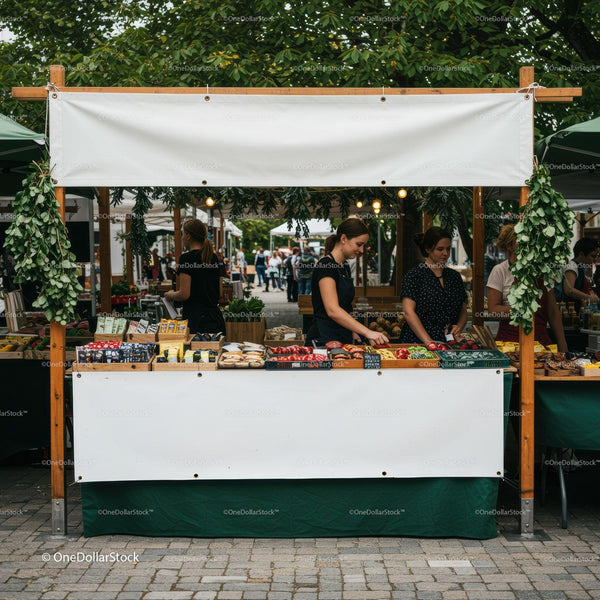 Vendors arranging fresh goods at outdoor market stall JPG Mockup Image