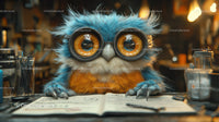 Cute Owl with Round Glasses and Bright Orange Eyes in Cozy Setting