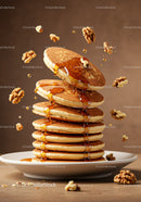 Stack of fluffy pancakes with syrup and walnuts