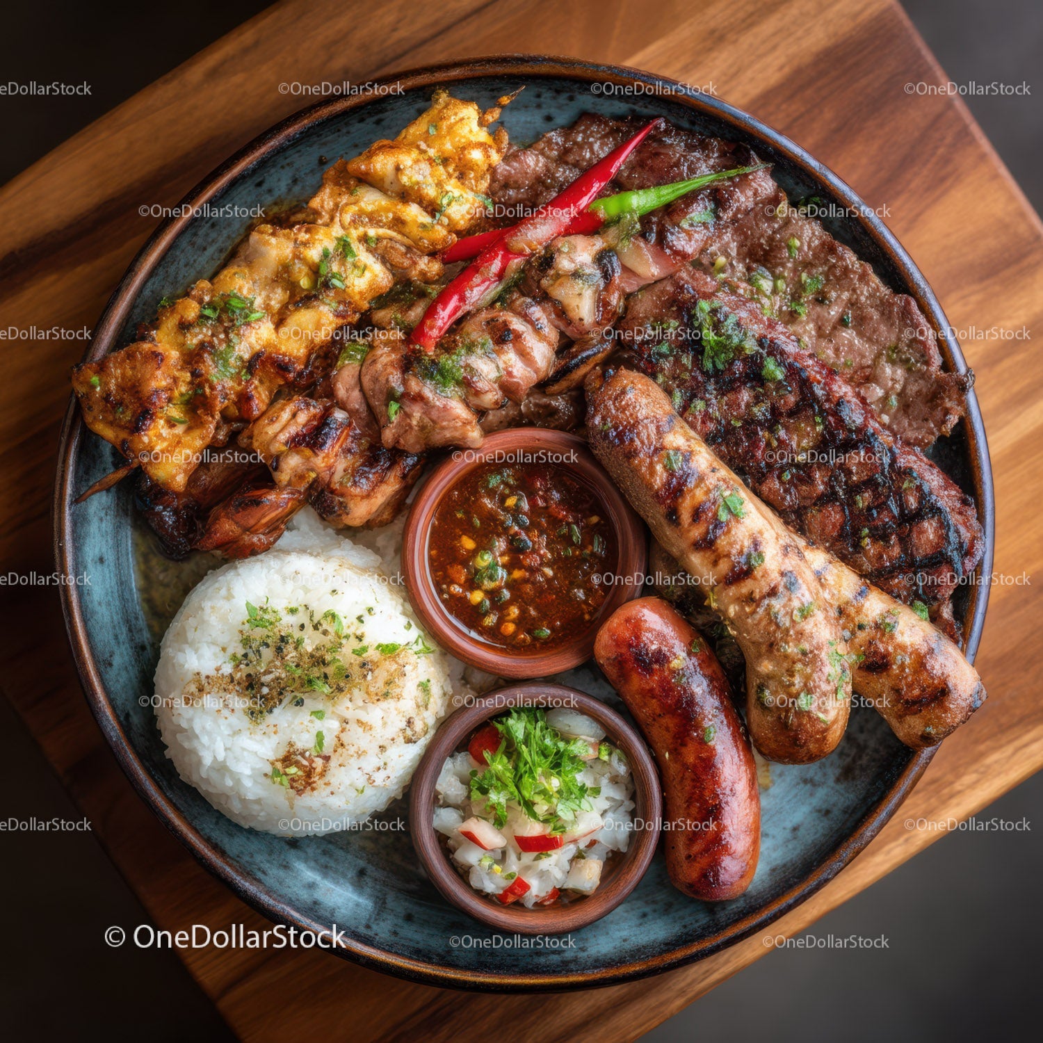 Assorted Grilled Meats and Sausages Platter with Spicy Sauce and Rice