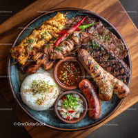 Assorted Grilled Meats and Sausages Platter with Spicy Sauce and Rice